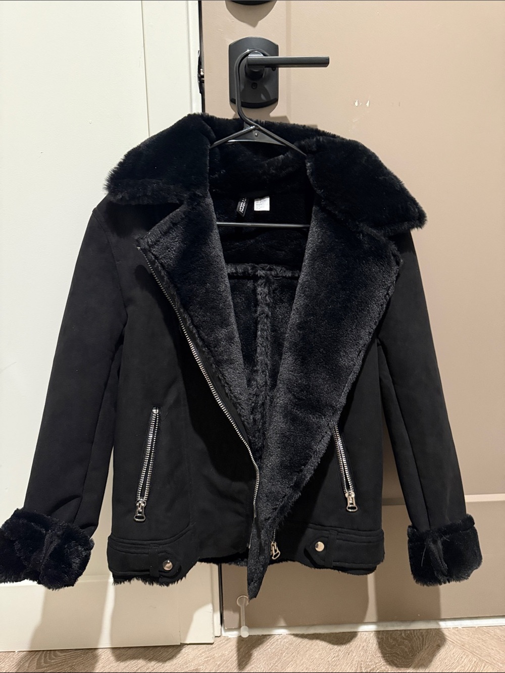 H&M Black Faux Shearling Lined Women’s Moto Jacket